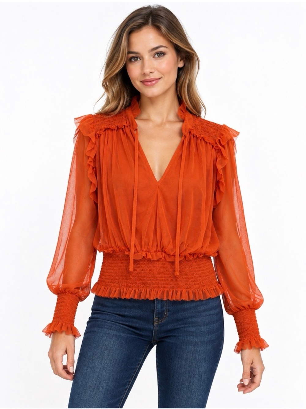 Boston Proper Like NEW Vibrant Orange Smocked Blouse sheer long sleeves Medium